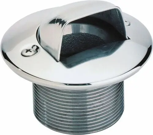 Edelstahl-Einlaufmuschel mit Blende von Grünbeck. Rundes Design mit einem zentralen Öffnungsmechanismus und Gewinde für die Montage.